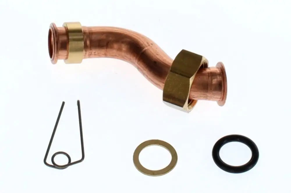 Kupferrohr mit gebogenem Anschluss und einer Metallmutter, inklusive O-Ringen und Spannfeder, geeignet für Bosch-Anwendungen in der Sanitär- und Heiztechnik.